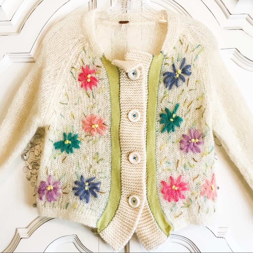 FREE PEOPLE ANGORA FLORAL KNIT SWEATER